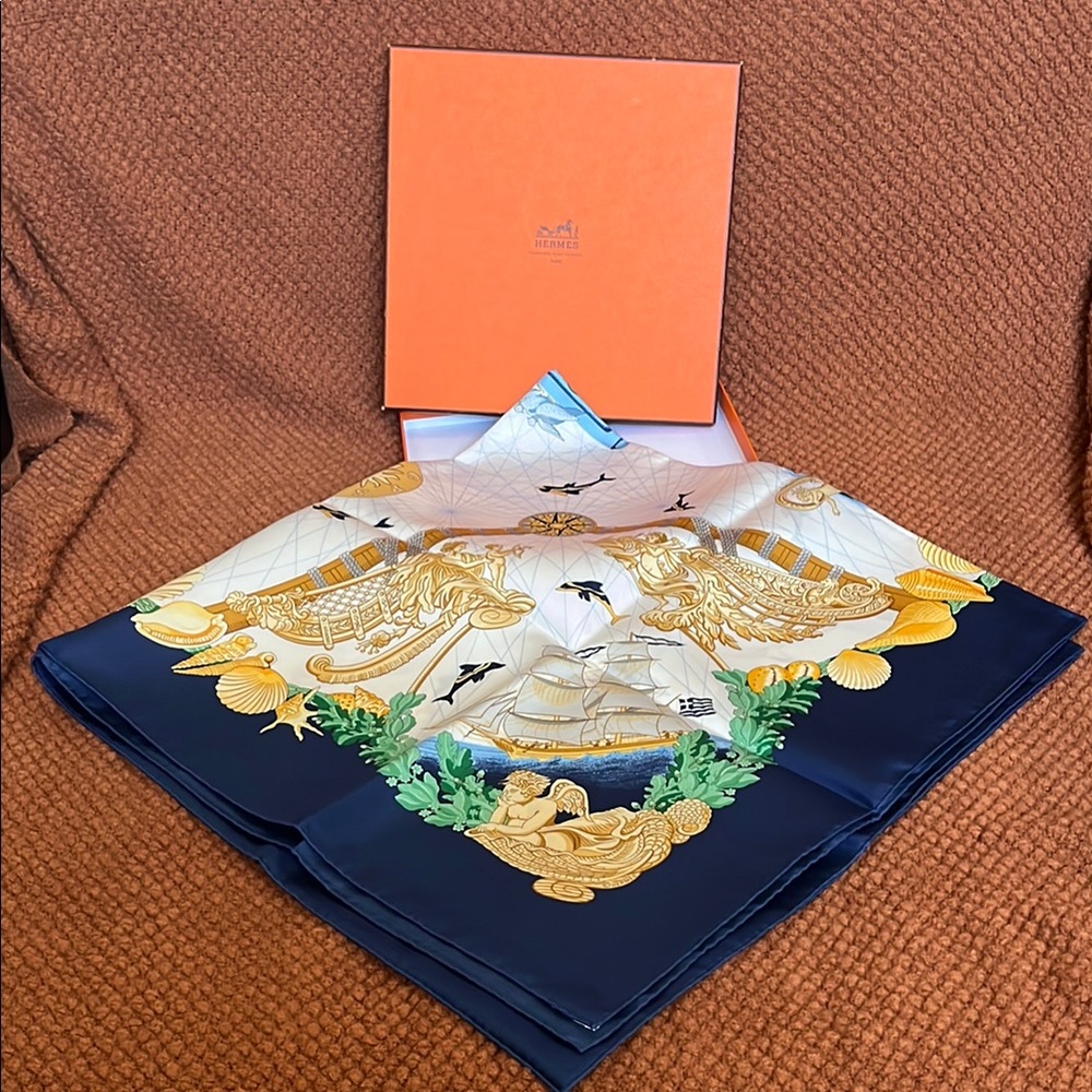 Hermès Blue and Gold Silk Scarf with box hermes